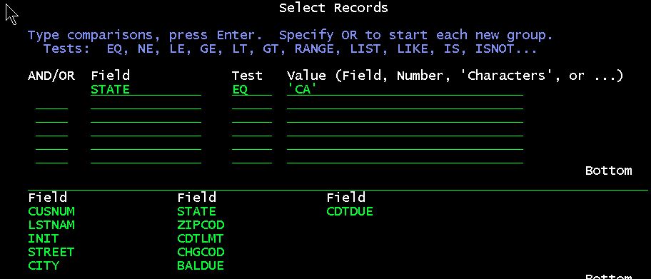 QRY selection dialog